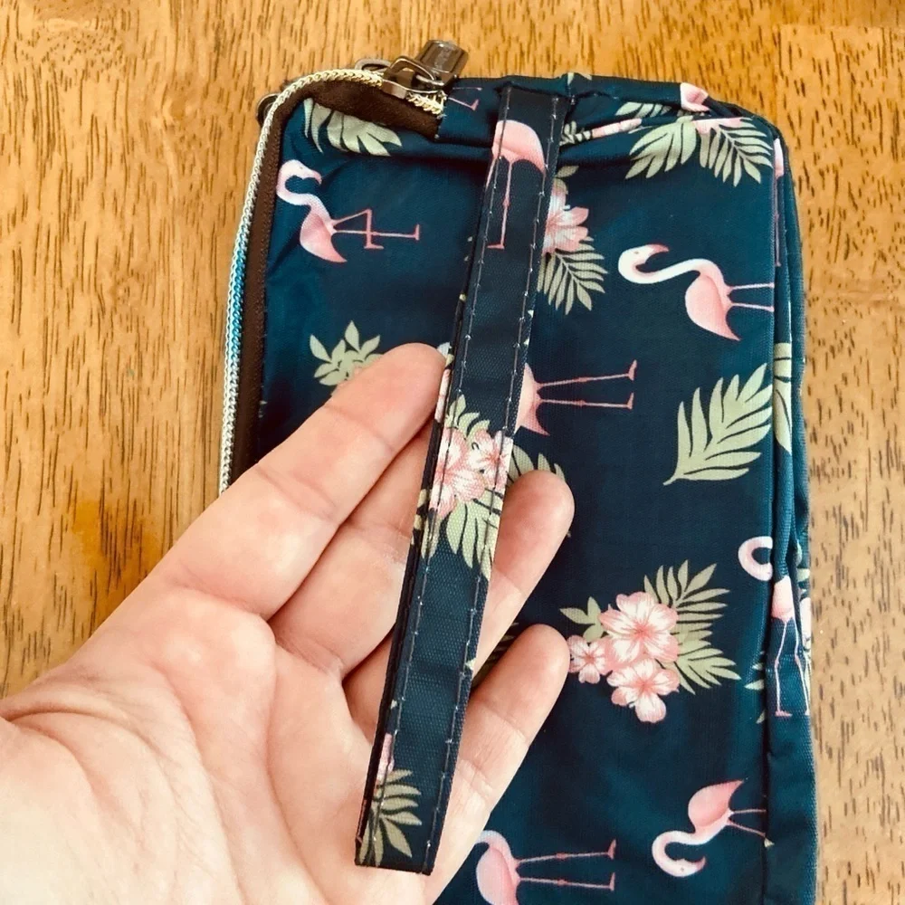 Flamingo Palm Leaf Print Wristlet Tropical Pouch Multi-Zipper Clutch Organizer